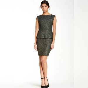 Alice + Olivia Shovan Green Gold Metallic Lace Peplum Open Back Dress Size 2